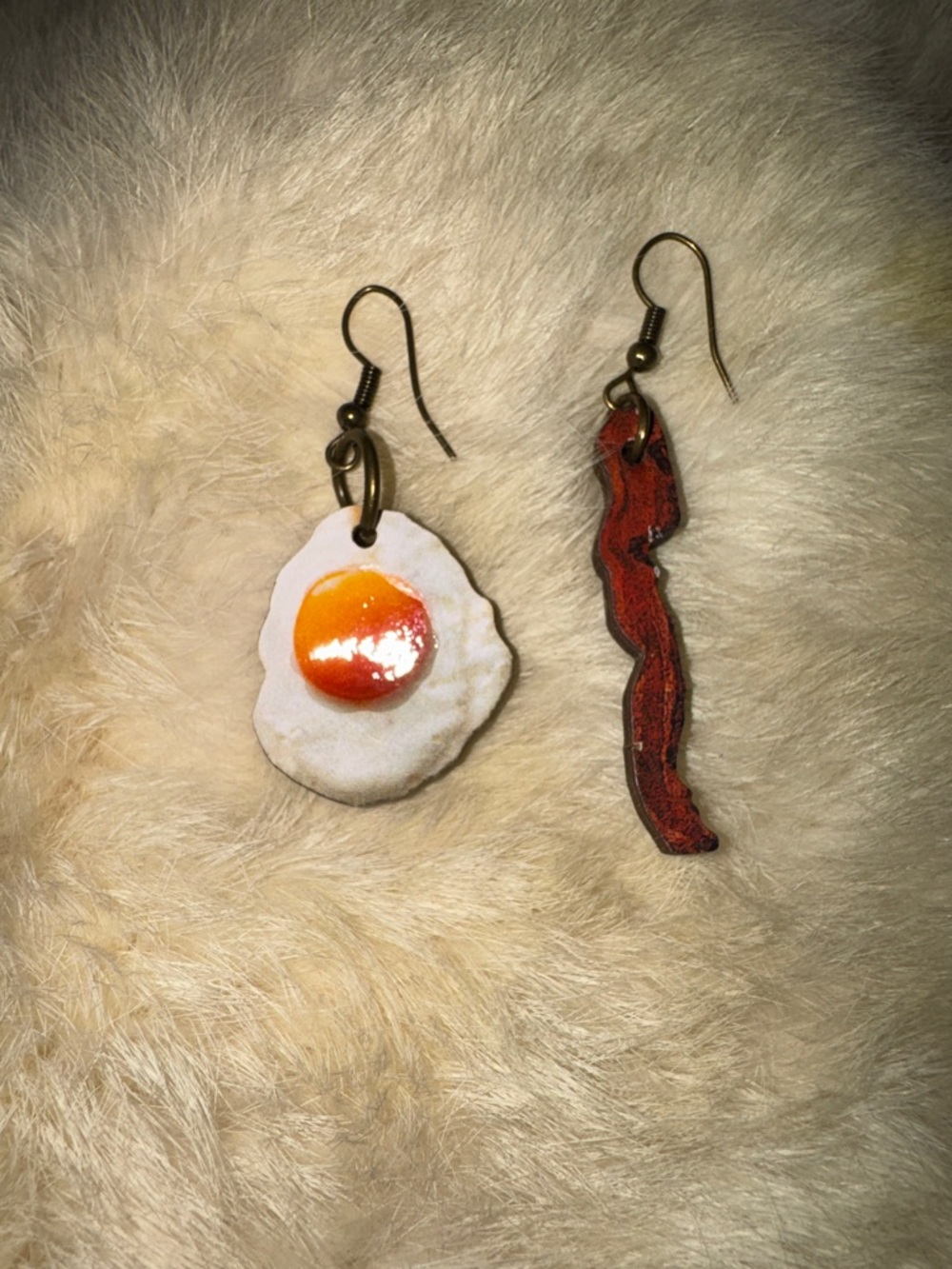 Fun Fried Egg and Bacon Mismatched Dangle Earrings - White, Orange, Red NEW